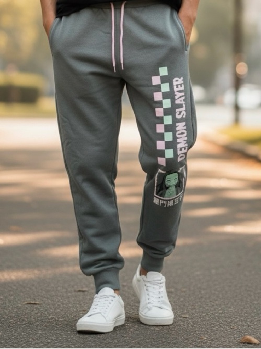 Demon Slayer Jogger Pants in Gray with Pink Accents